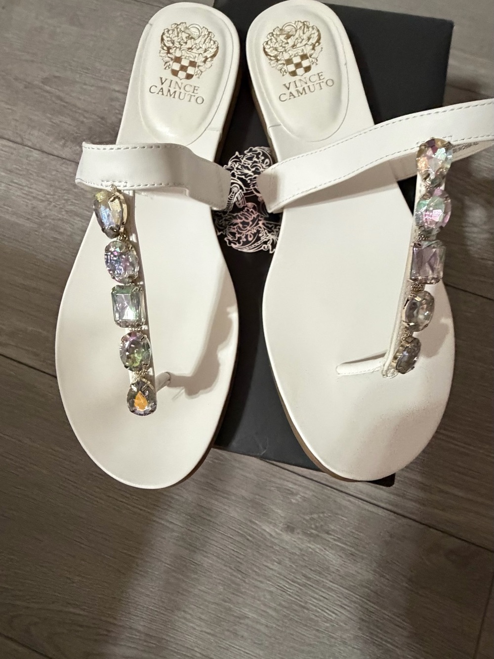 Vince Camuto White Jeweled T-Strap Sandals